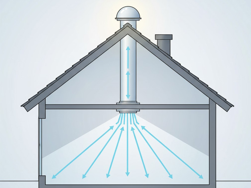 Esquema del funcionamiento de un tubo solar: entrada de luz desde cubierta hasta estancia interior