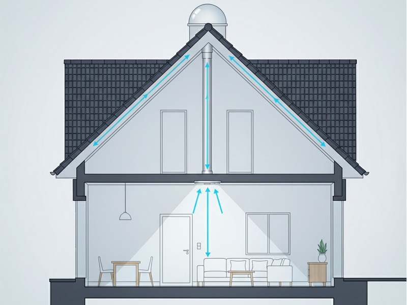 diagrama del funcionamiento de un tubo solar para aprovechar luz natural