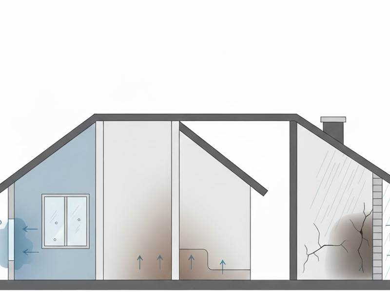 esquema ilustrado de los tipos de humedades en paredes: condensación, capilaridad y filtraciones
