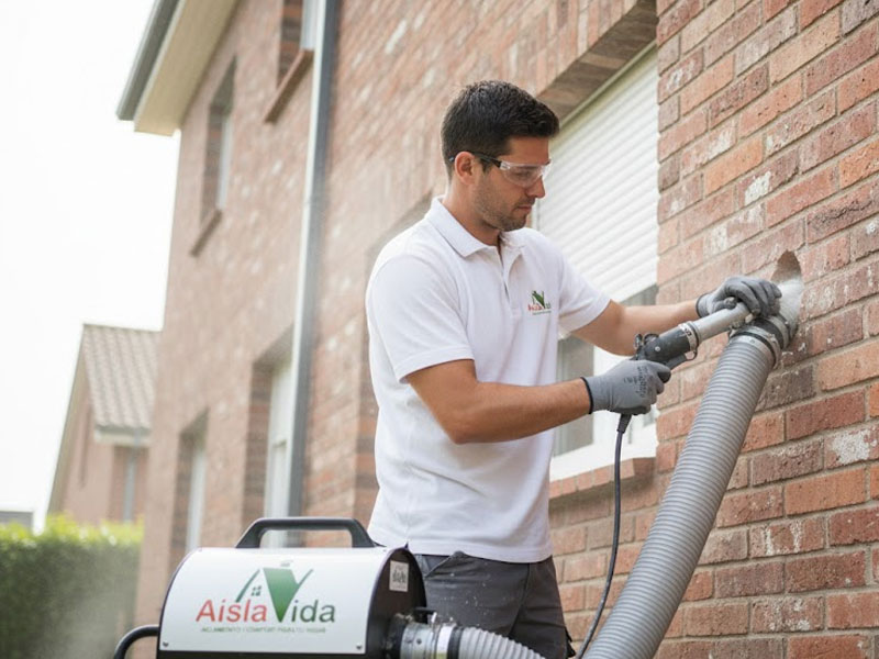 técnico aplicando aislamiento térmico insuflado en fachada de vivienda