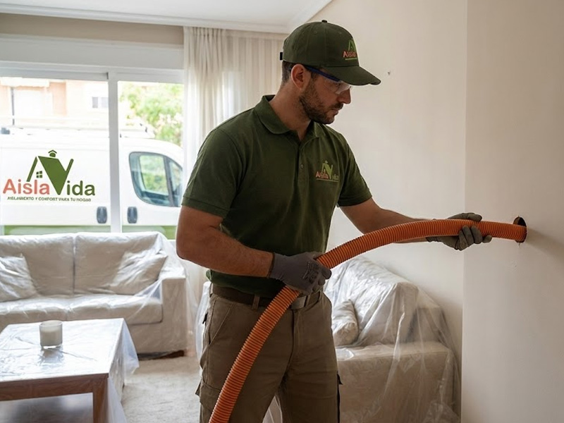 técnico aplicando aislamiento insuflado como solución para humedades sin obras