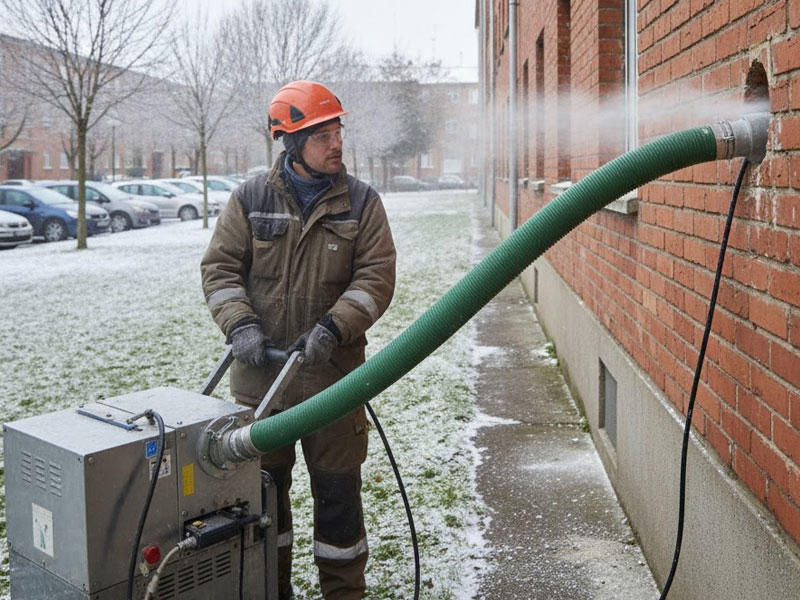 técnico realizando aislamiento térmico insuflado en fachada de vivienda durante el invierno