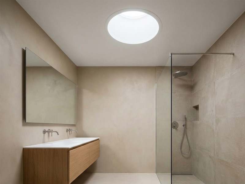 baño interior iluminado con tubo solar sin necesidad de electricidad