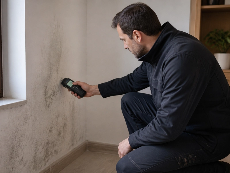 técnico midiendo humedad en pared interior de vivienda en Castilla y León