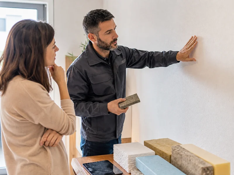 técnico explicando elección de material aislante en vivienda
