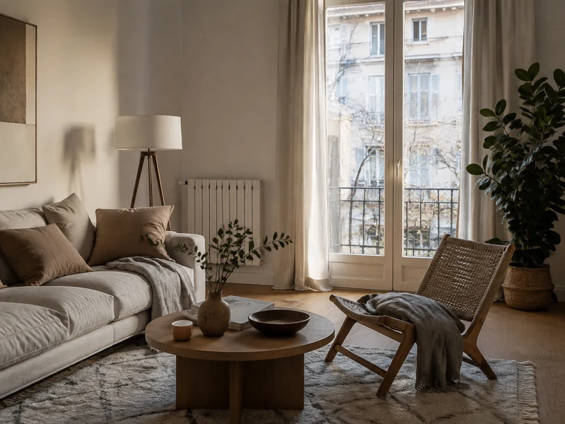 Confort y calefacción en invierno Salón acogedor con radiador y ambiente confortable en invierno