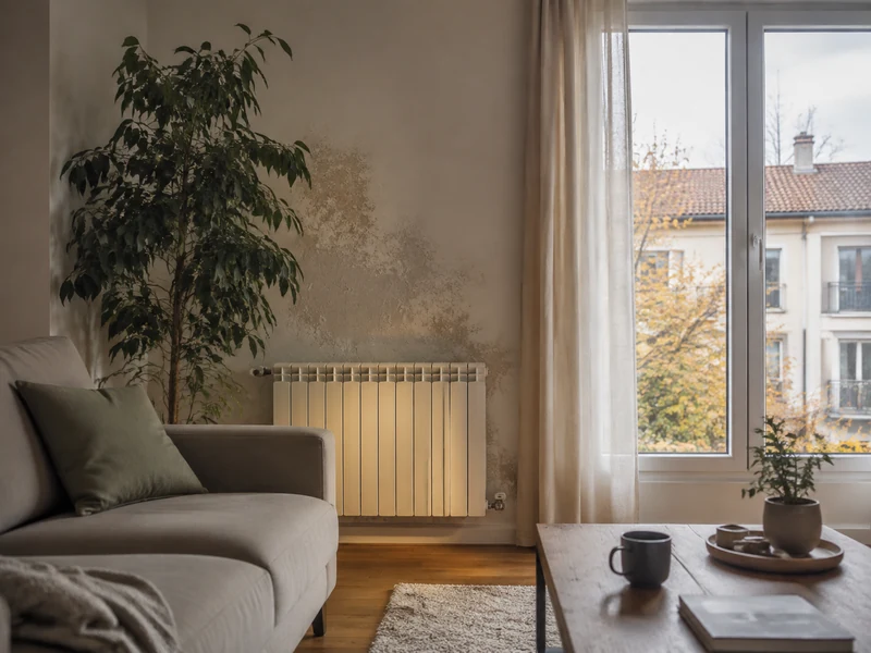 Pared interior con humedad y radiador encendido en una vivienda