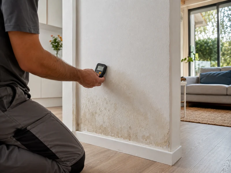 Revisi贸n de pared con humedad Profesional revisando una pared interior con medidor de humedad