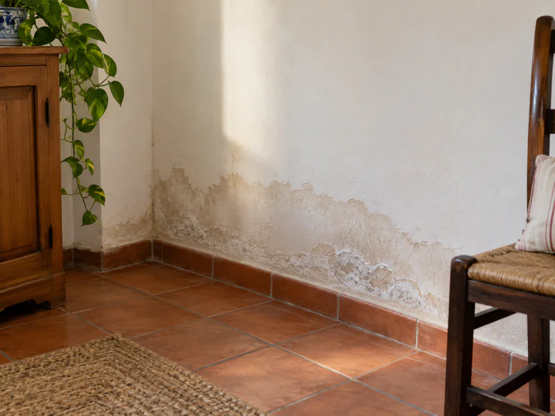 Humedad por capilaridad en Valladolid: manchas y revestimiento deteriorado en la parte baja de una pared