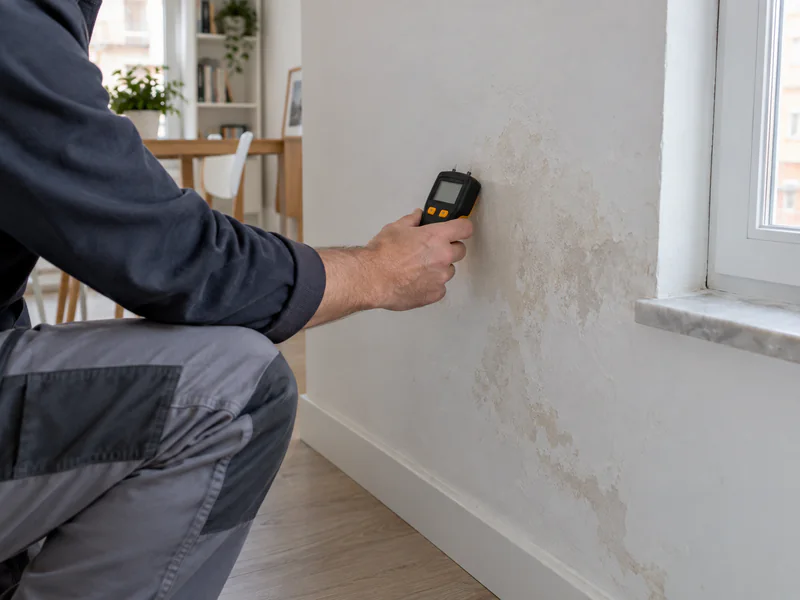 Diagnóstico de humedades en Valladolid: técnico midiendo la humedad de una pared interior