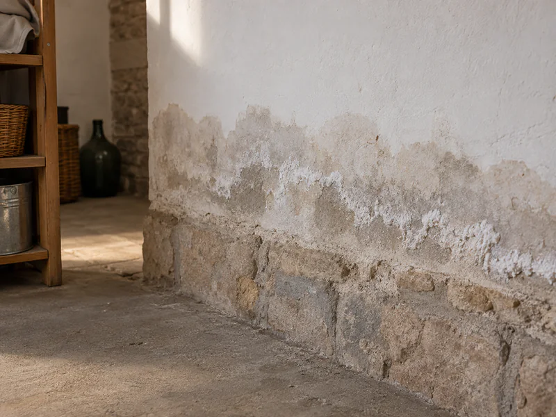 Humedad por capilaridad en Zamora: marcas de humedad y sales en un muro encalado