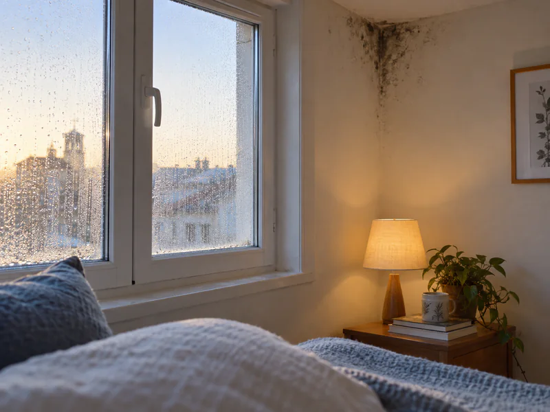 Humedad por condensación en Zamora: ventana con gotas y moho en la esquina de un dormitorio