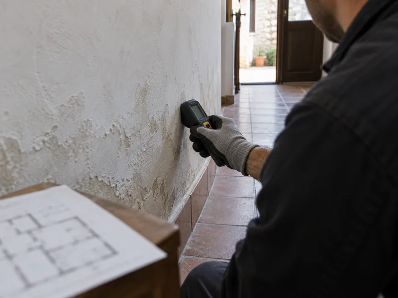 Diagnóstico de humedades en Zamora: técnico comprobando con un medidor la parte baja de un muro